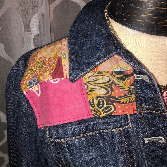 Upcycled Hippie Boho Patchwork Dark Denim Jacket - Picture 5 of 15